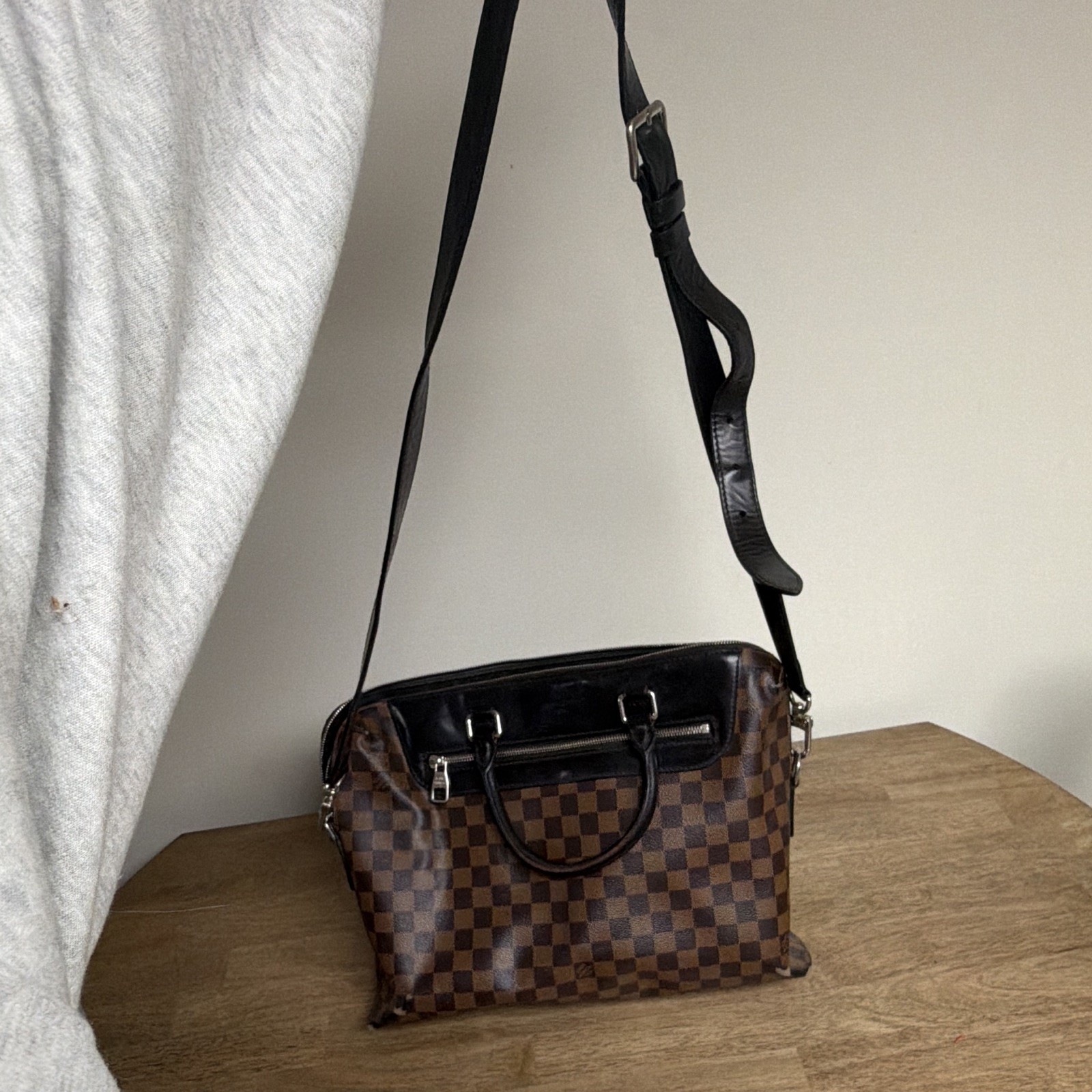 Louis Vuitton Damier Satchel Top Handle Bag Zip w/ Detachable Strap Brown/Black