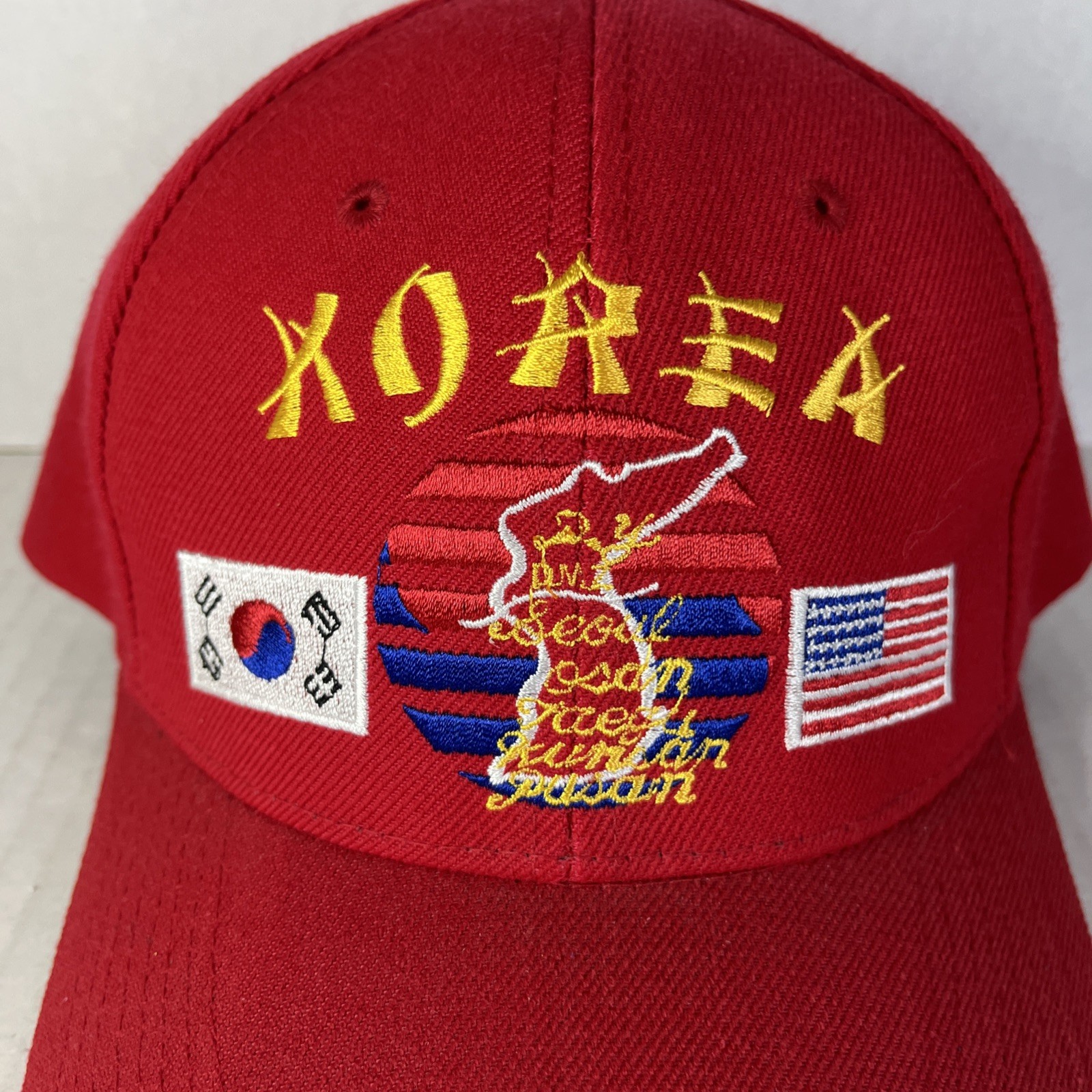 Korean War Red Mesh Snapback Hat Cap Vintage Military US South Korea Flags Wool