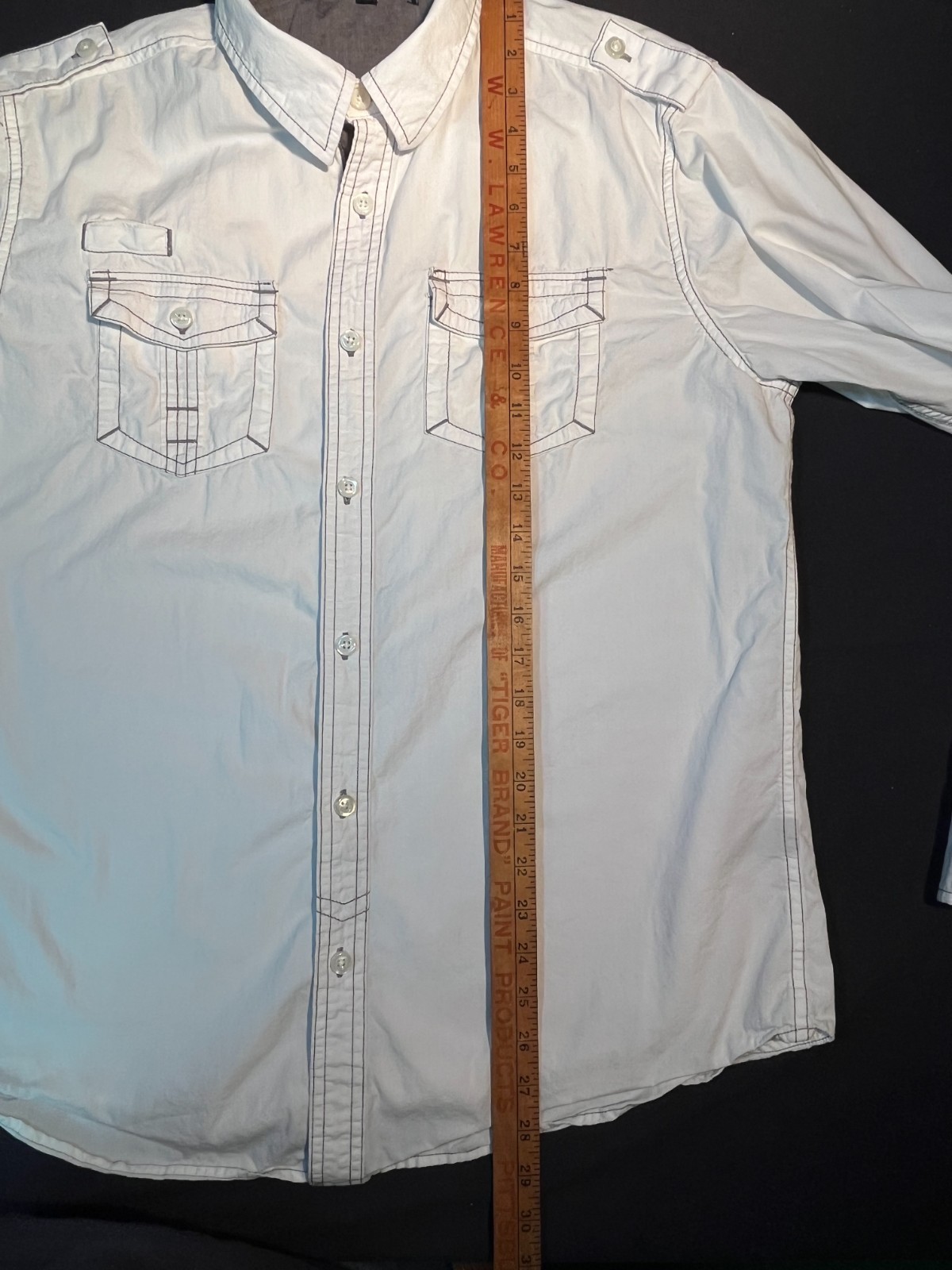 Men Carbon Button Down Long Sleeve White Military Style Piping Urban Design- SzL