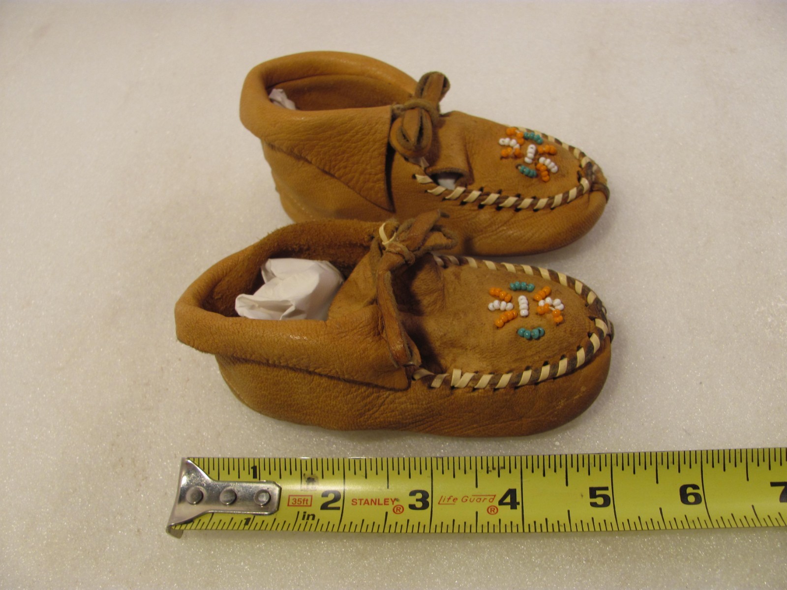 Baby Moccasins Size 4.5 Inches Genuine Brown Leather Vtg Beaded Decor Cute