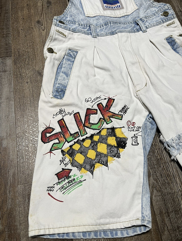 Vintage 90s SLICK Sportswear denim overalls Shorts Grunge Hip Hop Skate 80s Sz S