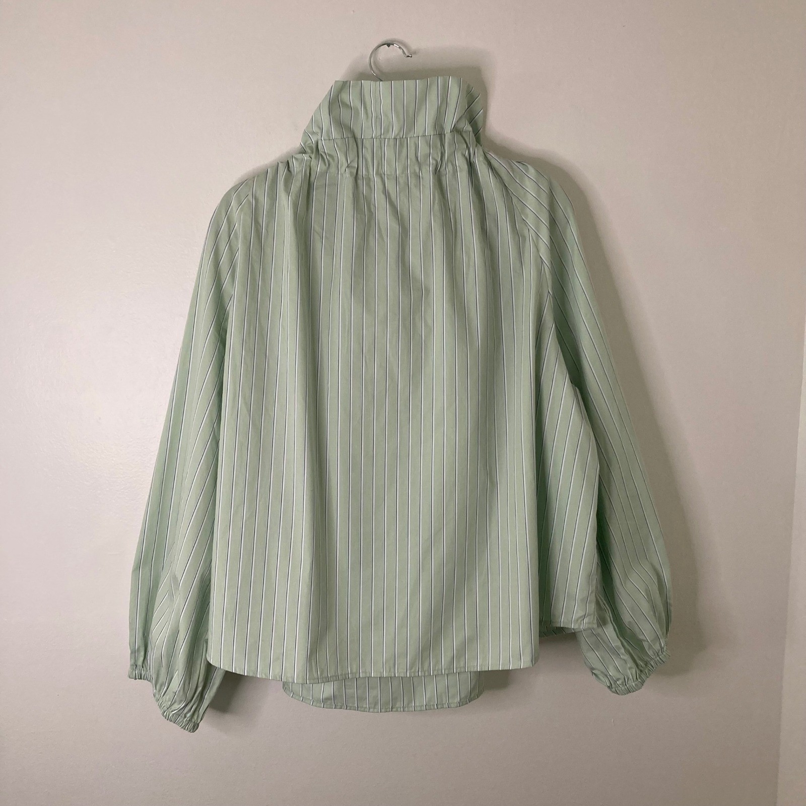 NWT Free Assembly Ruffle Neck Tie Front Blouse XXL 20 Mint Green Pinstripe