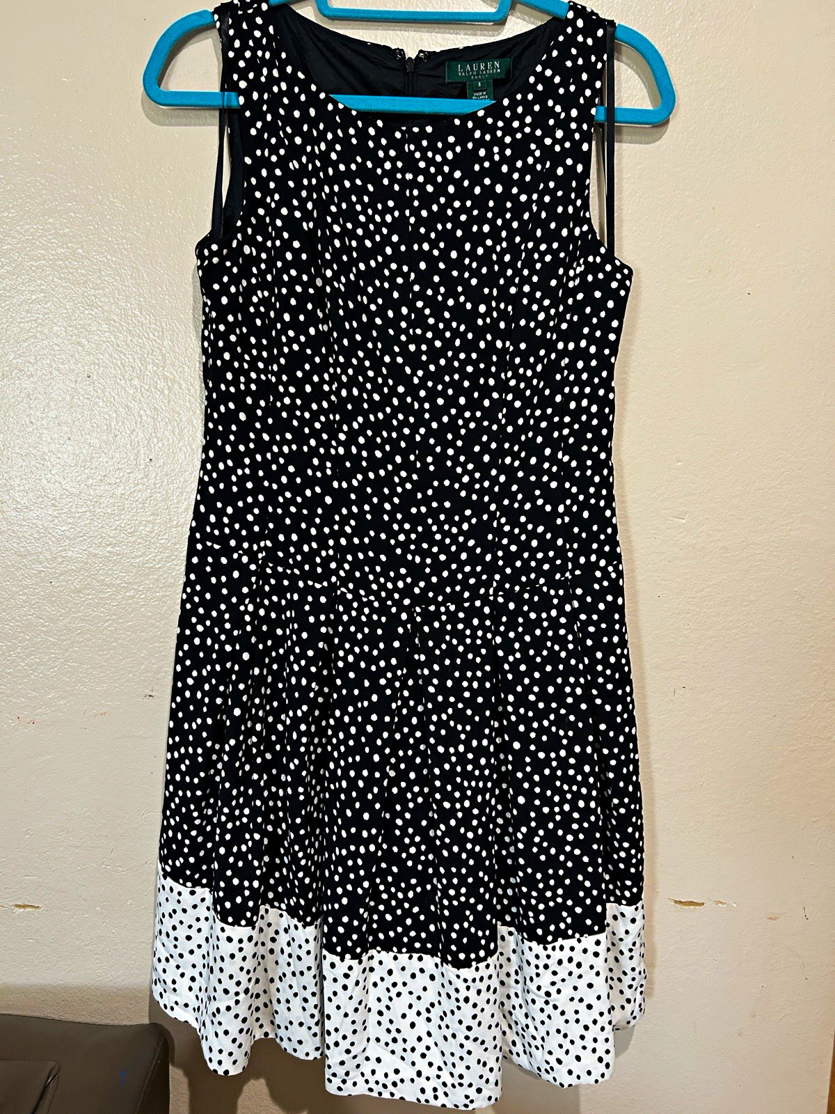 Lauren Ralph Lauren Black/White Polka Dot Fit & Flare Knee Dress Sz 6
