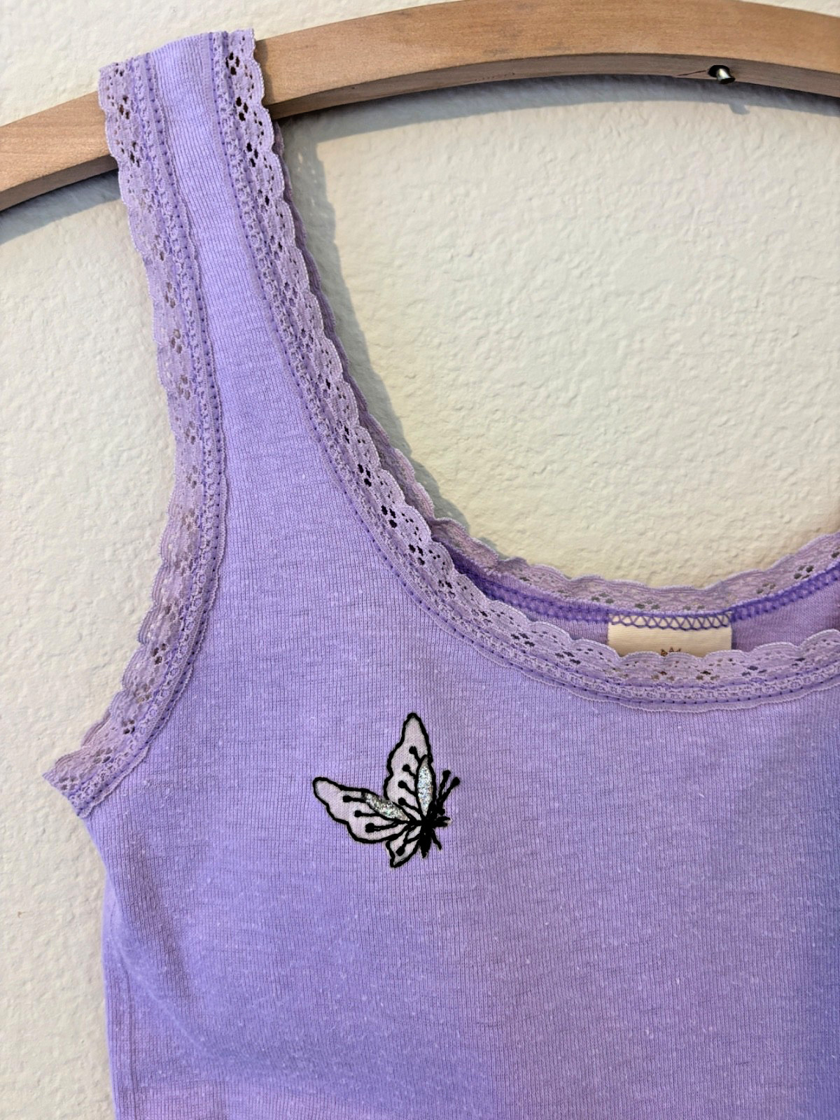 Vintage 80s Lavender Butterfly Tank Top Lace Trim XS/S Thin Soft USA Made