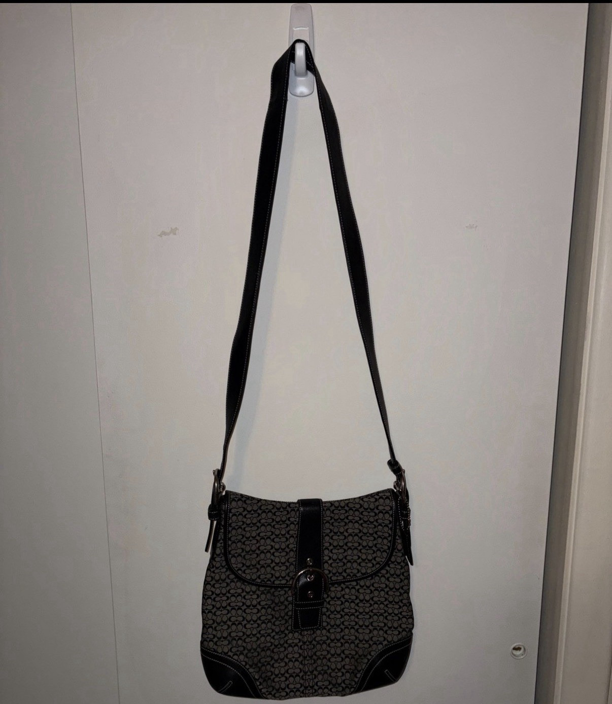 Coach Signature Monogram Gray/Black Shoulder Bag Buckle Accent Silver Hardware