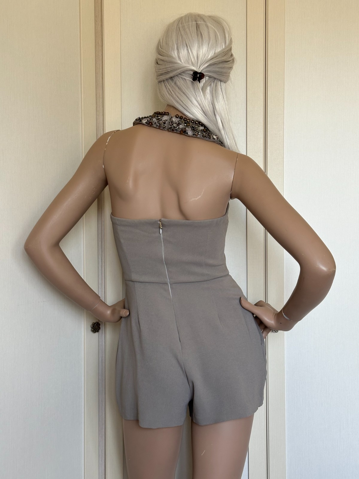 Elisabetta Franchi Gold Jewel Short Suit IT40 | Romper Jewel Jumpsuit Taupe