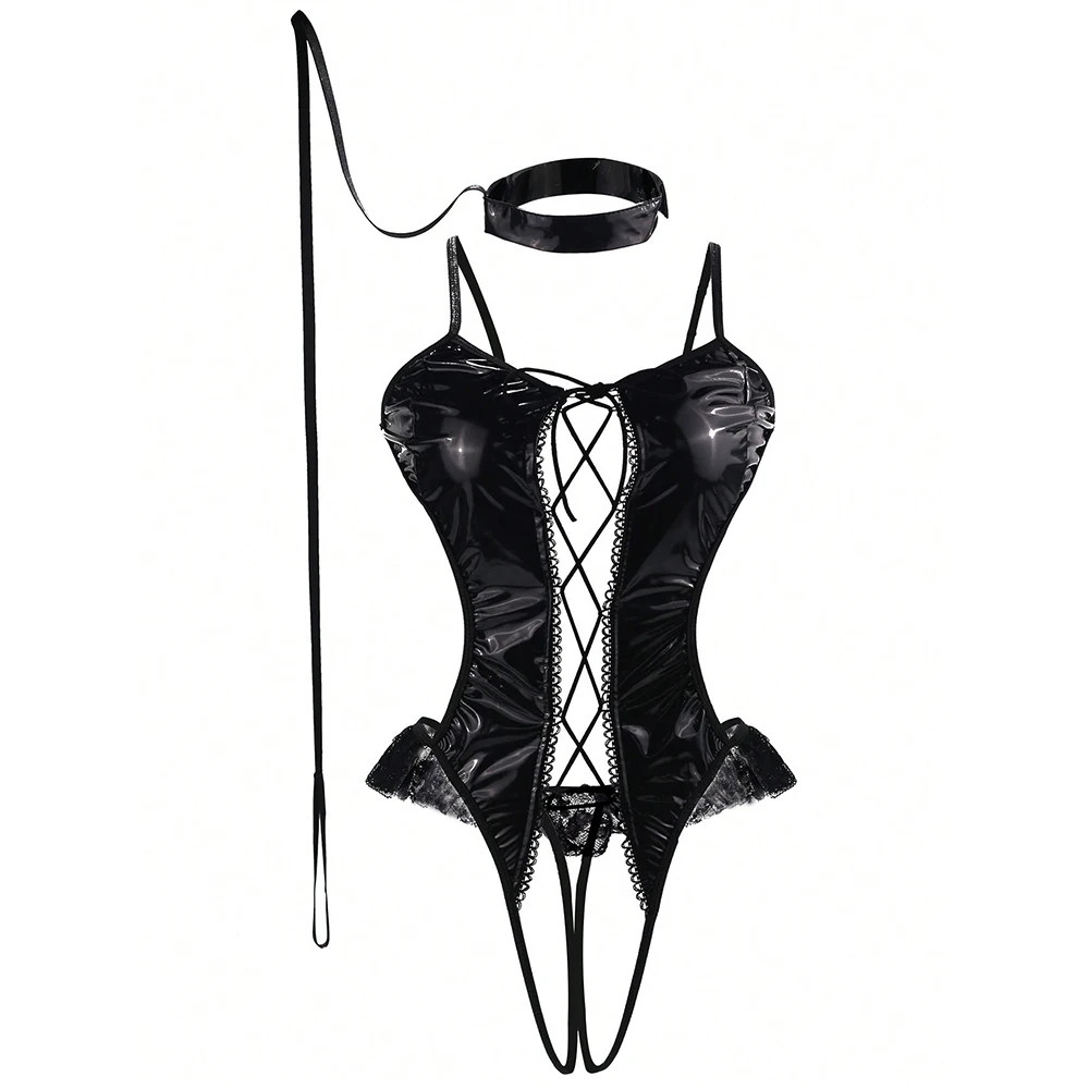 Shiny Patent Leather Bodysuit Lace Up Criss Cross Strappy Teddy with Choker