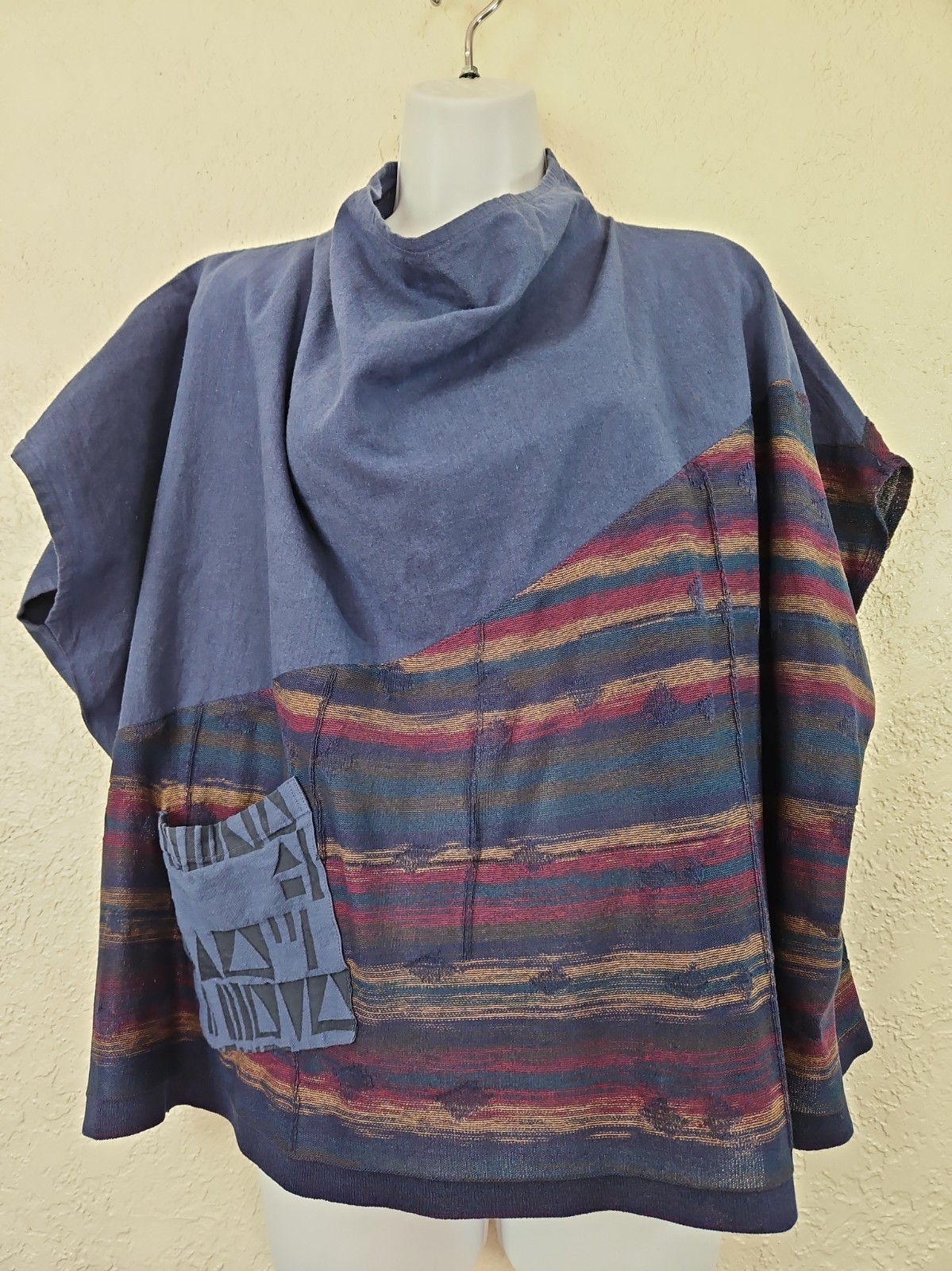 FUGA FUGA O/S Blue/Multi Linen Blend Mixed Media Boxy Cropped Top Mesh