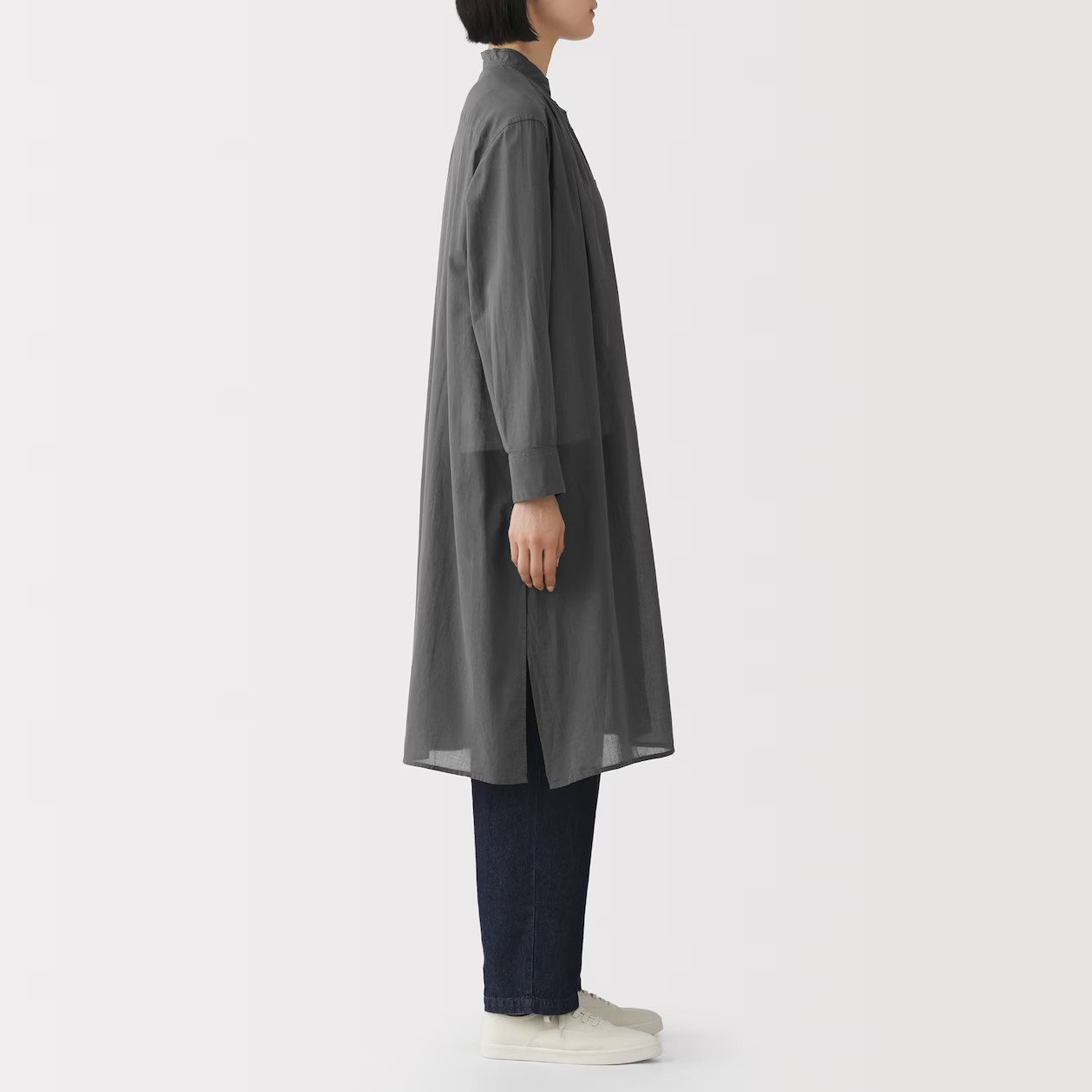 MUJI Womens 100% Organic Cotton Sheer Shirt Dress Charcoal Gray FedEx
