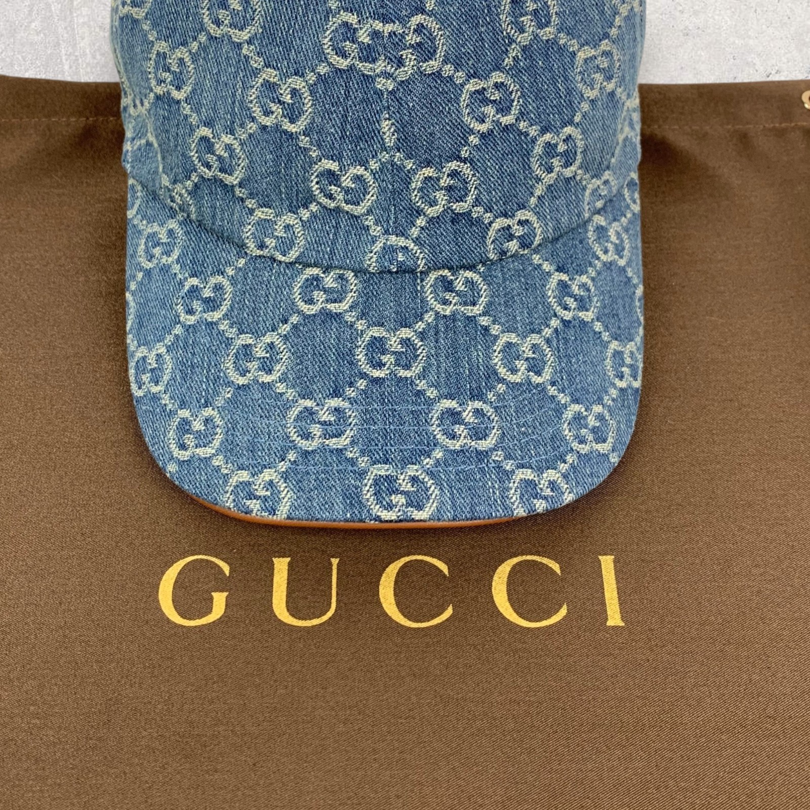 Gucci GG Monogram Logo Horsebit-Detailed Leather Denim Baseball Cap Blue Size M