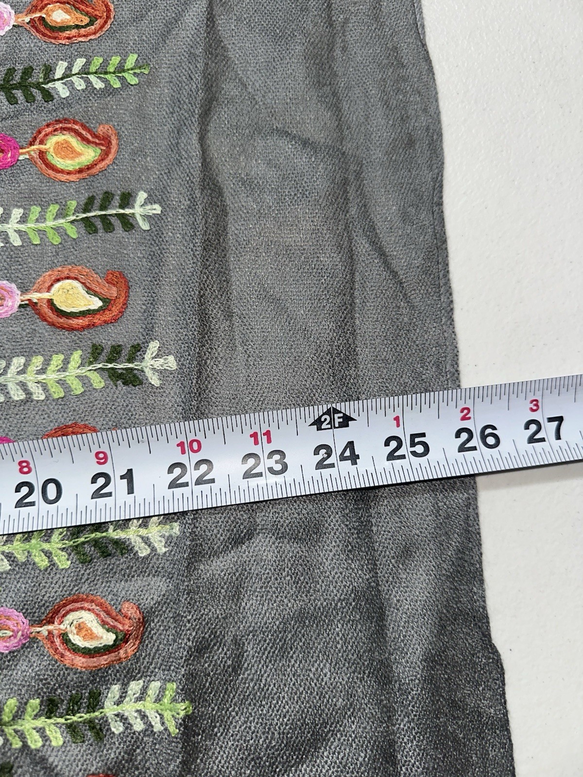 Cashmere Scarf Embroidered Wrap Shawl Paisley Floral Gray 68X26
