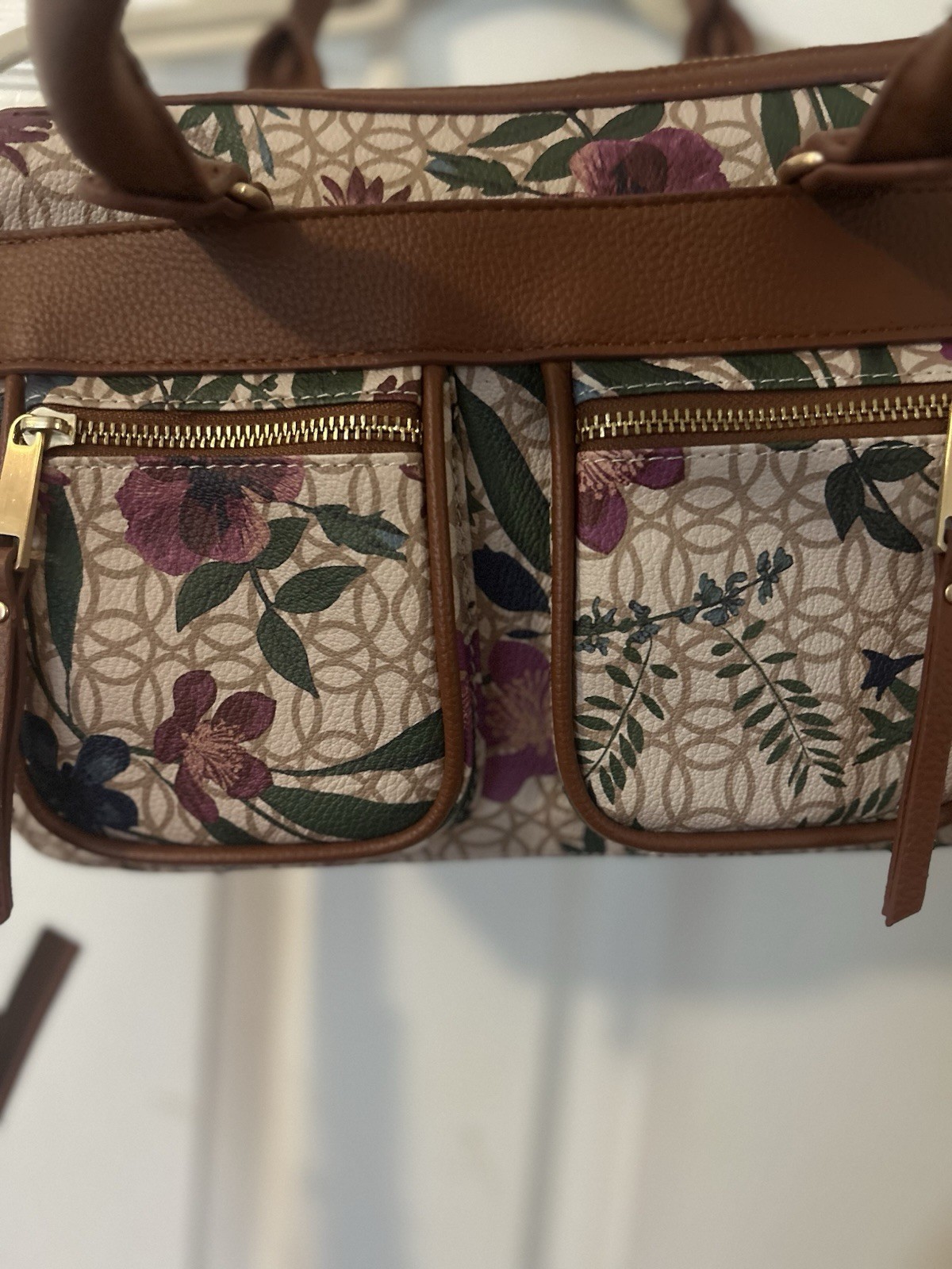 Floral Beige Satchel Top Handle Bag Detachable Crossbody Strap Zip Pockets