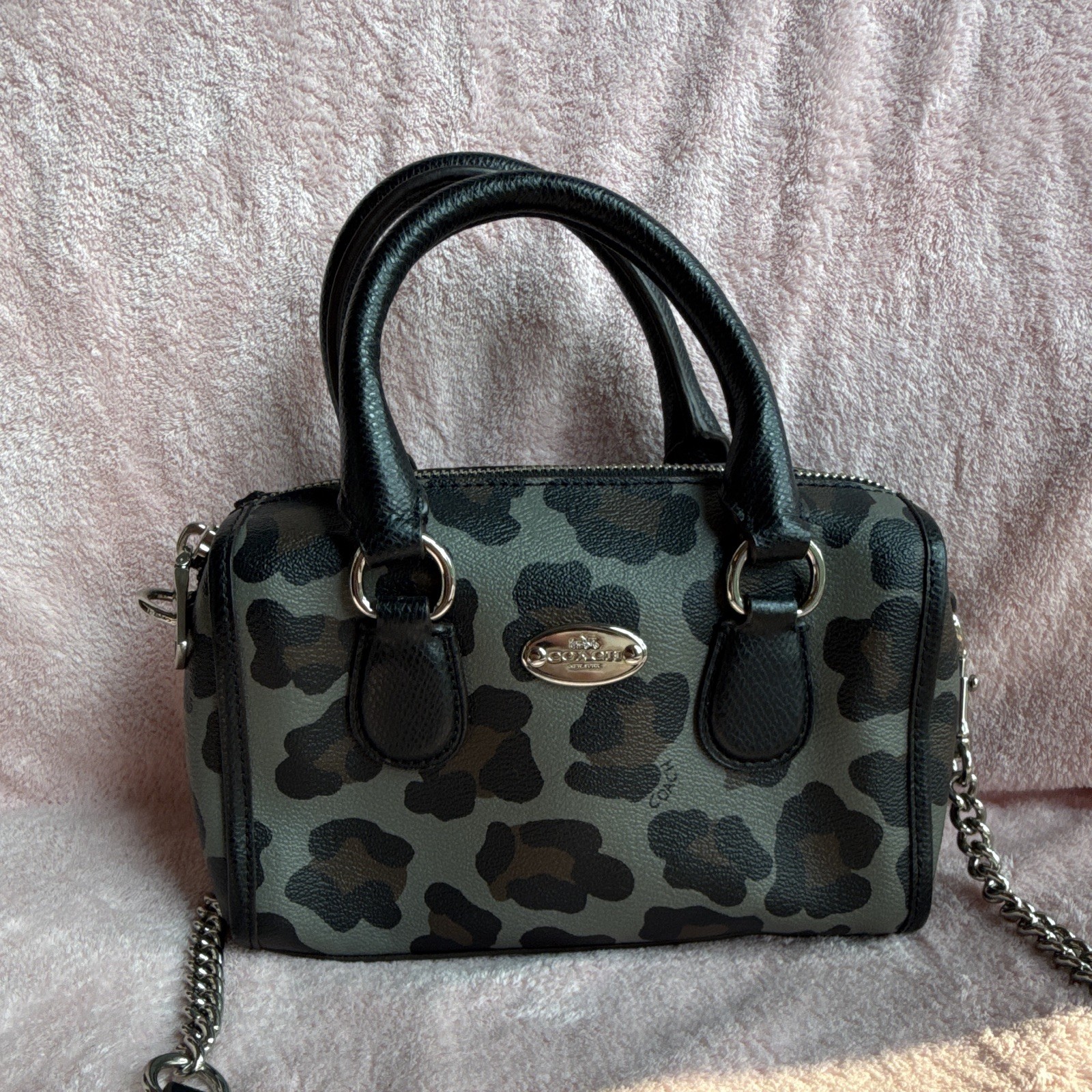 Coach Gray Black Animal Print Satchel Zip Crossbody Bowler Bag Detachable Strap