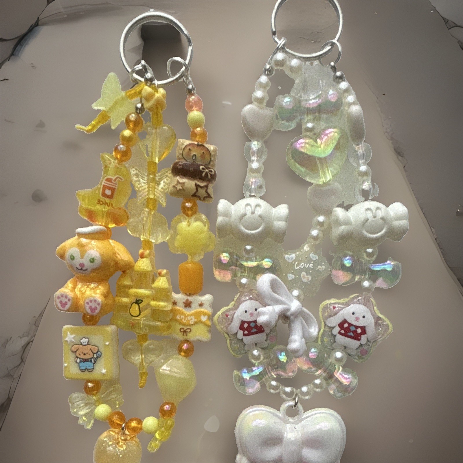 2 Kawaii Bunny Beaded Key Chain Keyring for Women, Yellow White Iridescent