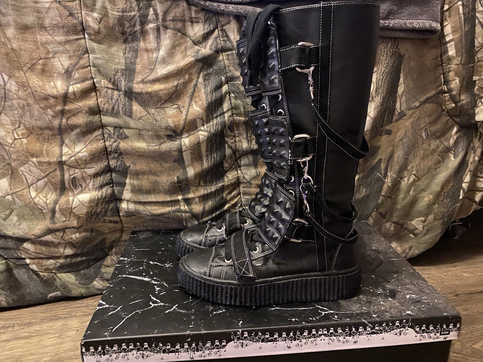 Demonia Women’s Black Knee High Combat Platform Boots Lace-Up Buckle Studs Zip 5