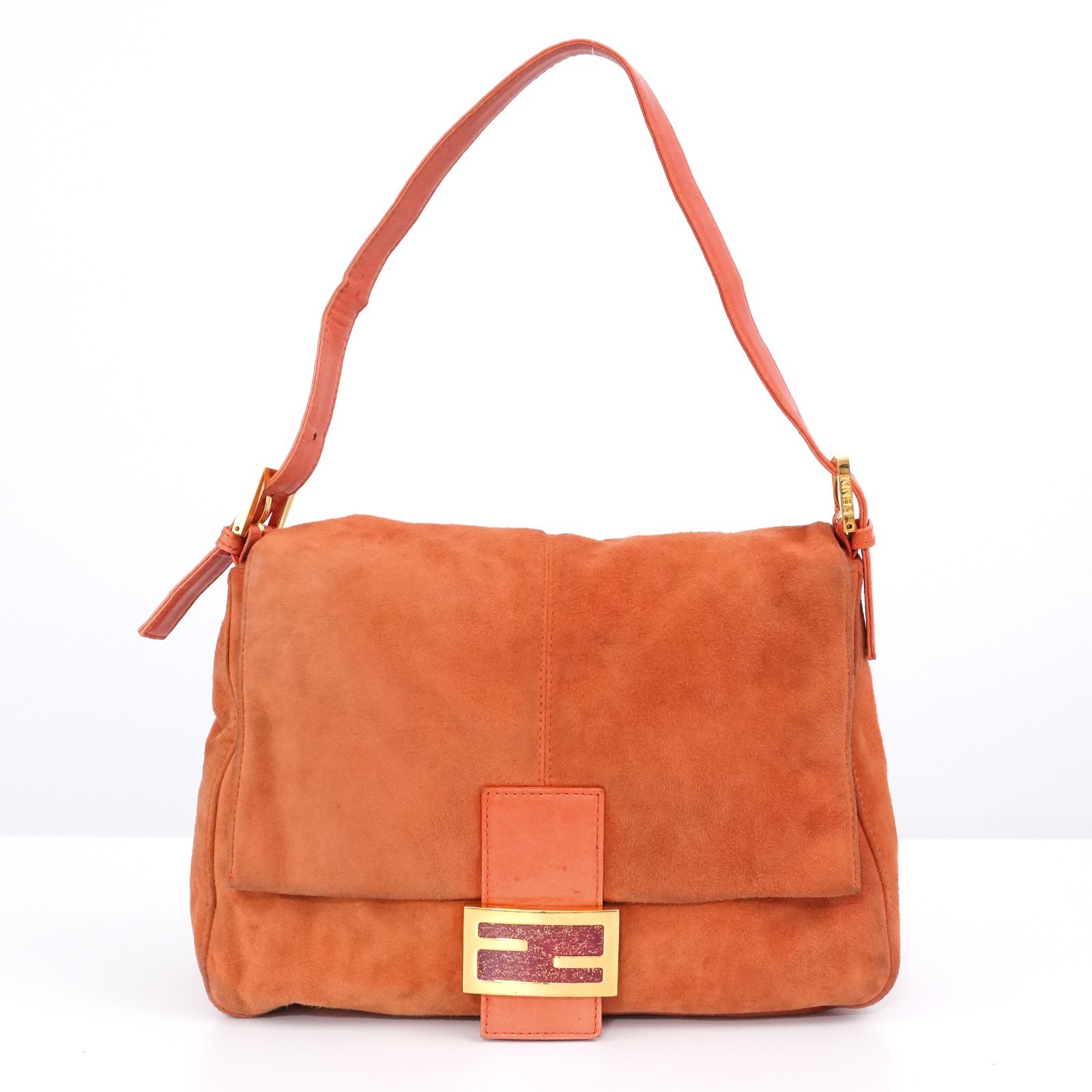 FENDI Gold FF Logo Mamma Baguette 26325 Shoulder Bag Orange Auth #58372A