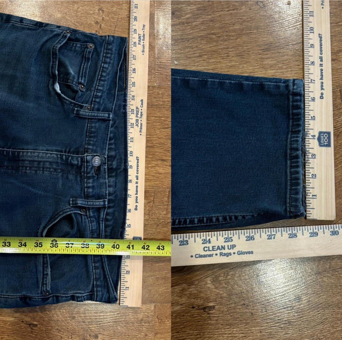 faded Levi’s 514 blue jeans size 38×30 with distressed areas, straight-leg