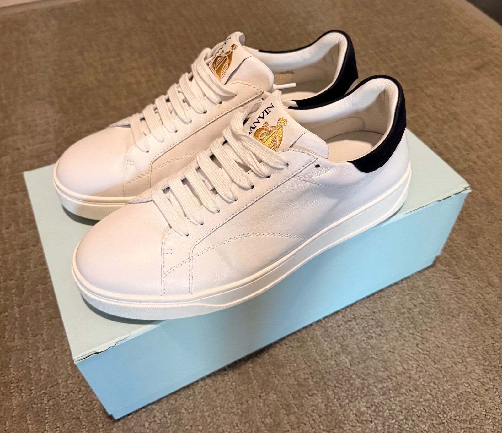 LANVIN men logo patch lace up white sneakers, size 10