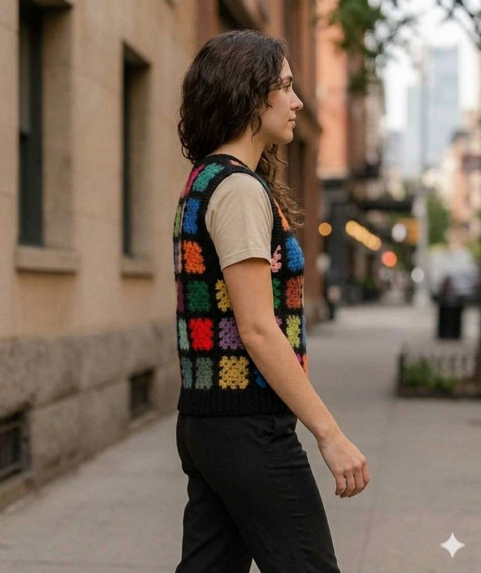 Handmade Colorful Granny Square Sweater Vibes Patchwork Crochet Vest