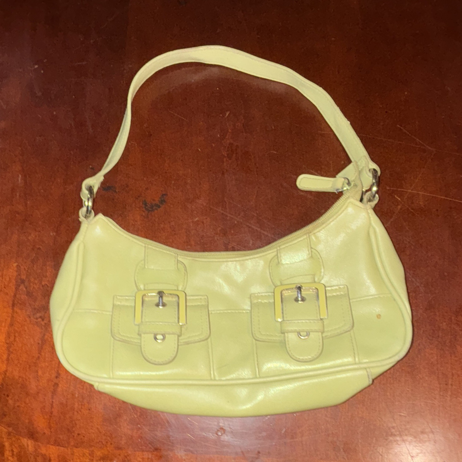 Women’s Yellow Shoulder Bag Solid Rectangle w/ Buckle Accents Zip, Silver
