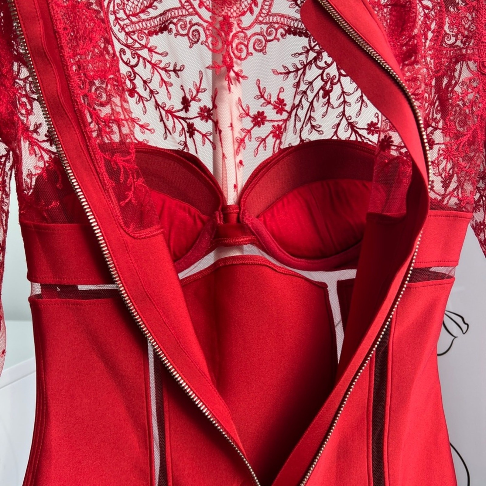 La Perla Black Label Ultra Rare Desire Neoprene Lace Zipper Bodysuit (Red)