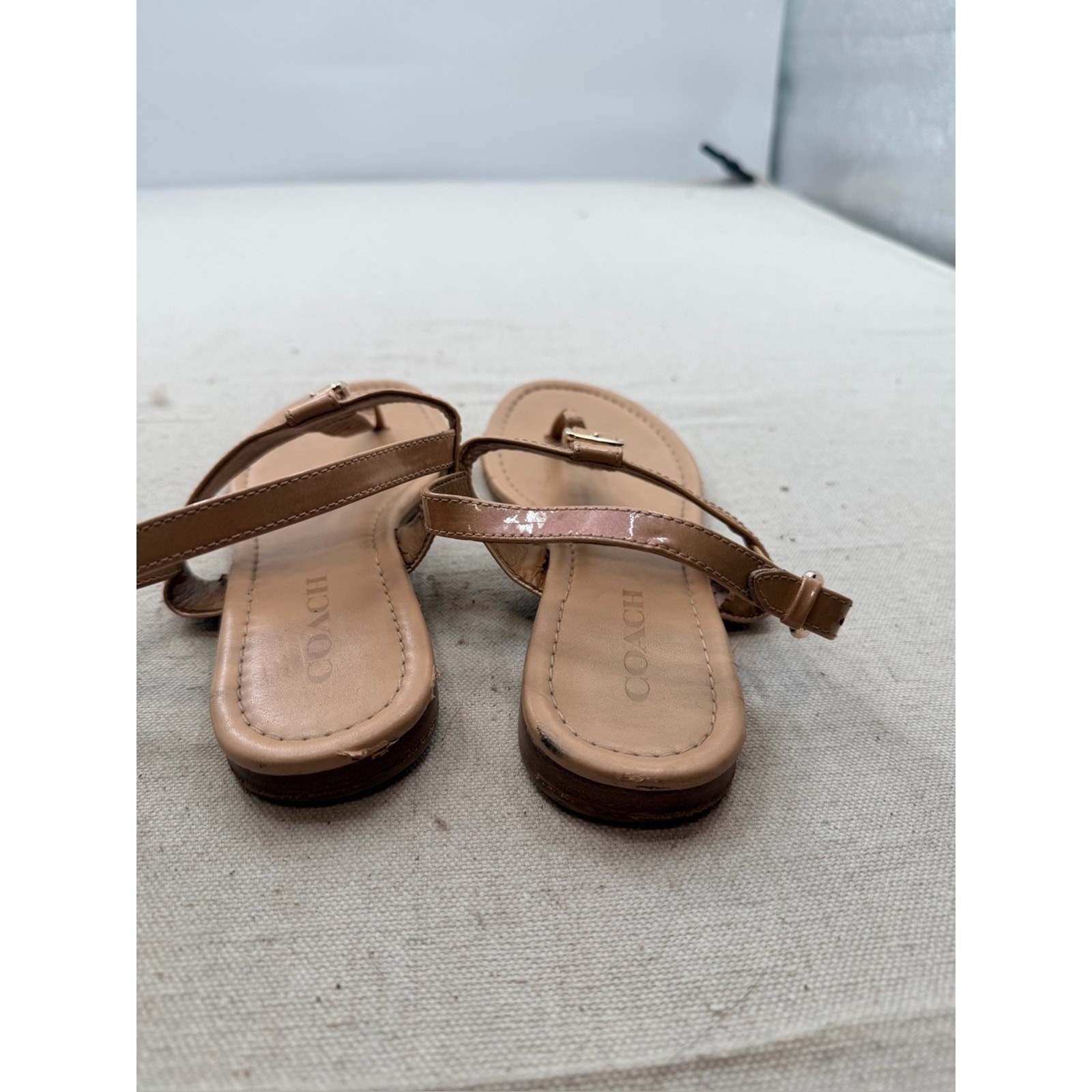 Coach Cassidy Nude/Tan Leather T-Strap Sandals with Buckle