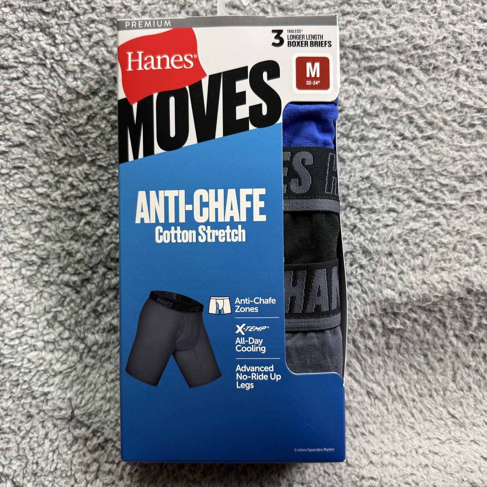 Hanes Moves Boxer Briefs Mens M 32-34 Multicolor 3 Pack Anti-Chafe Stretch