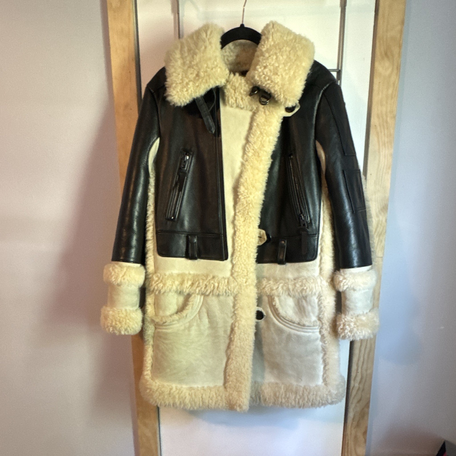 Coach New York Black Leather Mid-Length Coat Fur Trim Lined Size S Zip/Button
