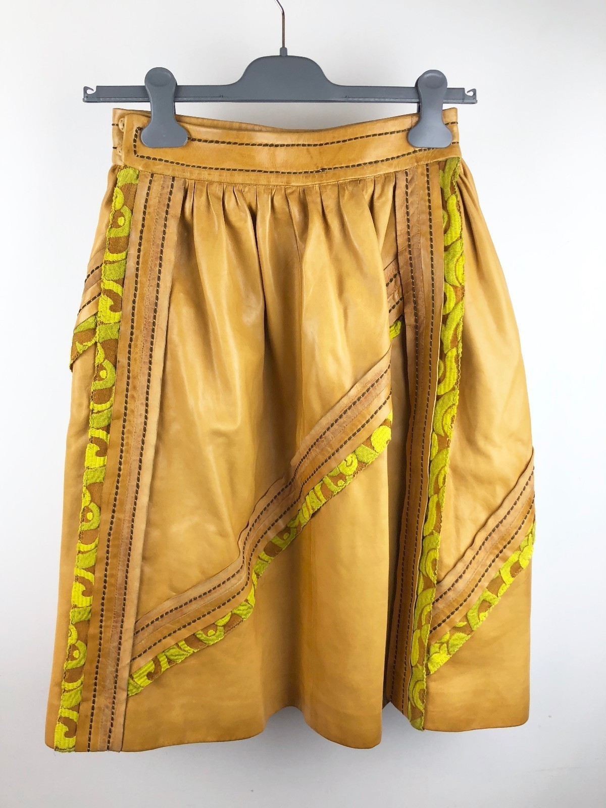 PRADA S/S 2015 RUNWAY Tan Nappa Leather Floral Jacquard Trim Skirt IT38/US4 NWT