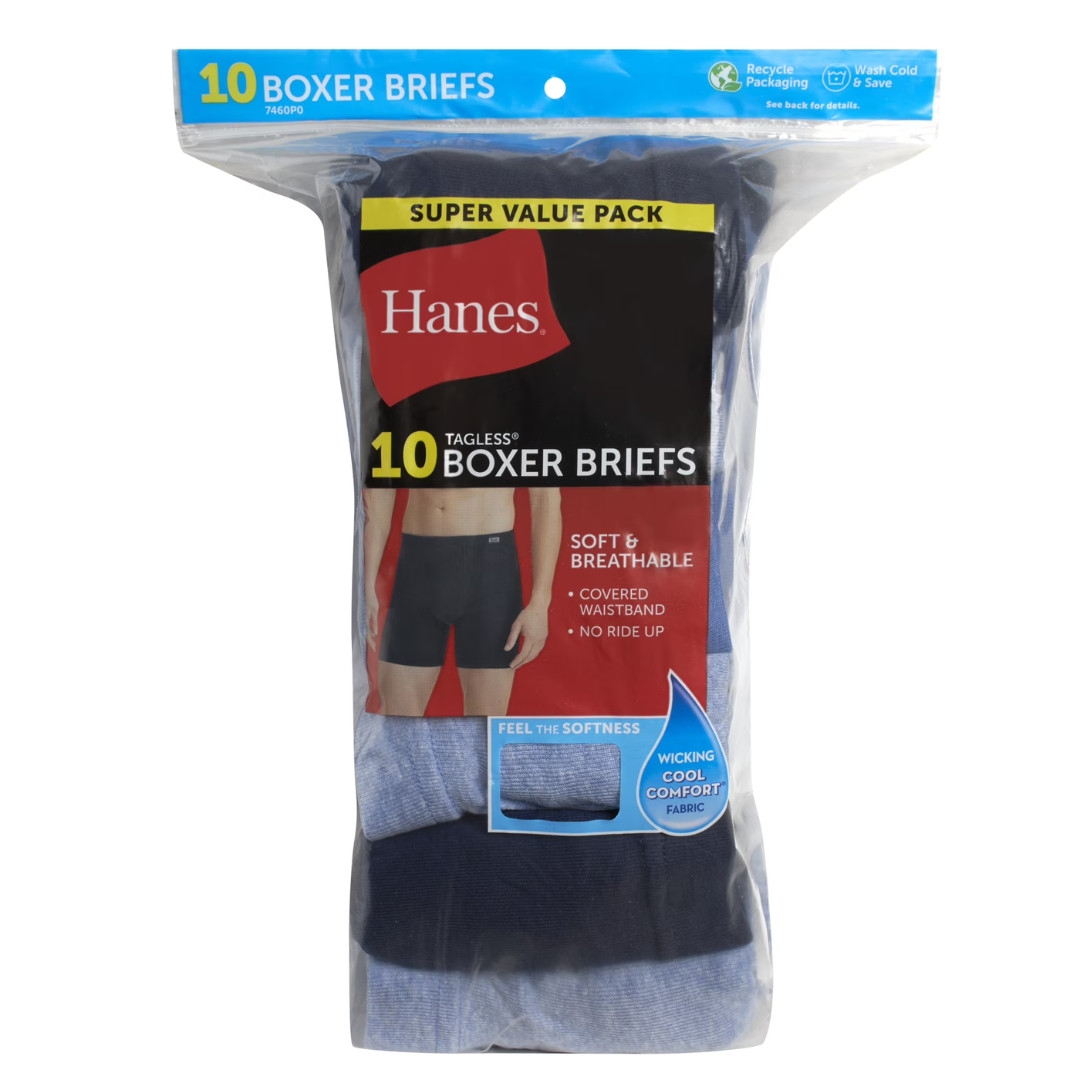 Hanes Men’s Super Value Pack Covered Waistband Boxer Briefs 10 Pack, Size S-XL