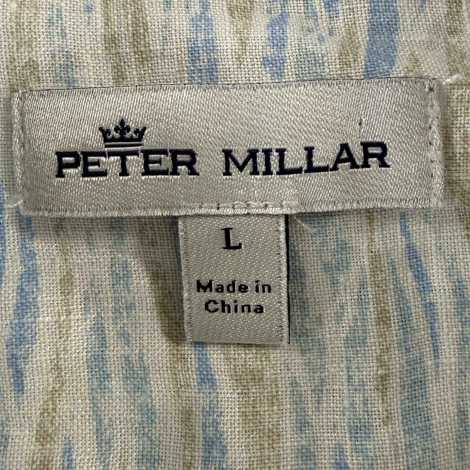 Peter Millar Linen Shirt Mens Large Blue Tan Wave Print Button Front Casual