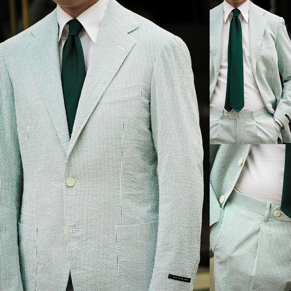 Seersucker Men Suits Light Green Striped Summer Cool Jacket Pants Casual Party