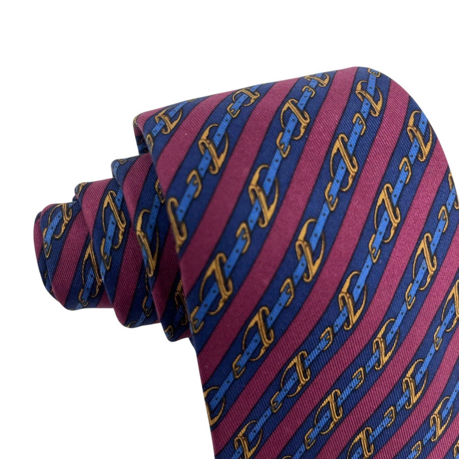Hermes Men’s Tie Equestrian Belts Burgundy/Navy Silk 950 IA 3 1/8″ (W) 55.5″ (L)