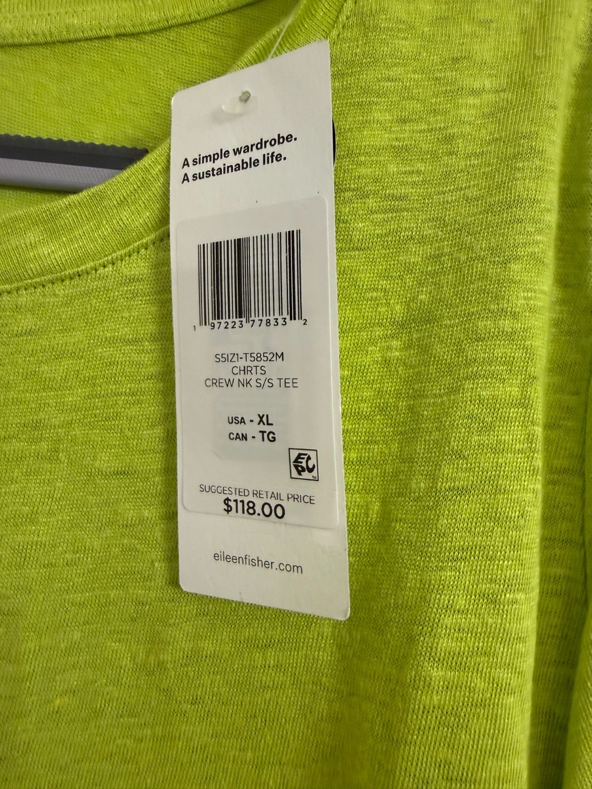 NWT $118 Eileen Fisher Chartreuse Organic Linen Jersey Crew Neck Tee L XL