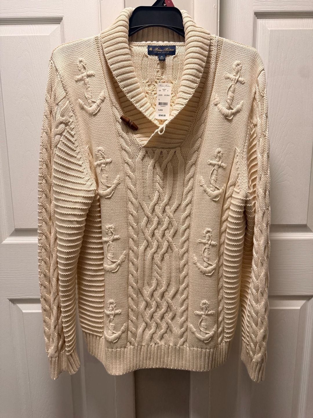 Brooks Brothers Supima Cotton Cable Knit Anchor Shawl Collar Pullover Sweater