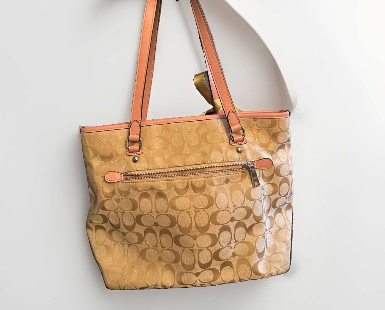 Coach Signature Monogram Tote Shoulder Bag Zip Closure Beige Tan Pink