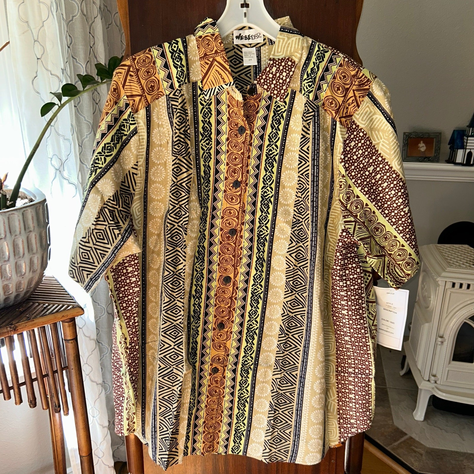 New! We Be Bop Tunic Top 2X Botswana Plus Boho Linen Button Up Tribal Safari