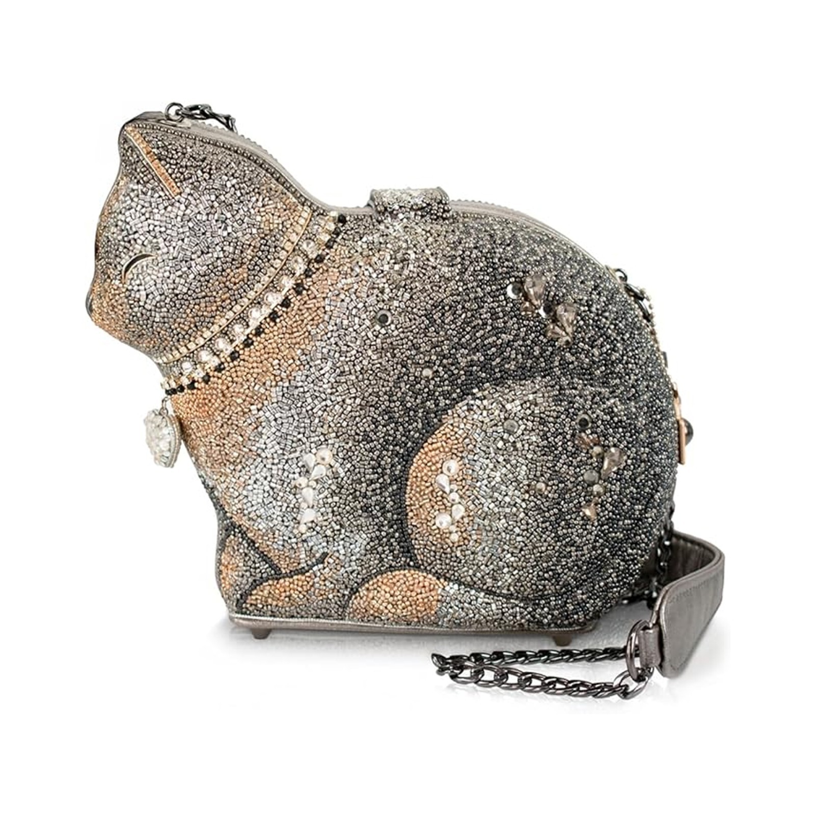 Mary Frances Couture Cat Crossbody Beaded Handbag Kitty Bag Silver Gold Purse NW