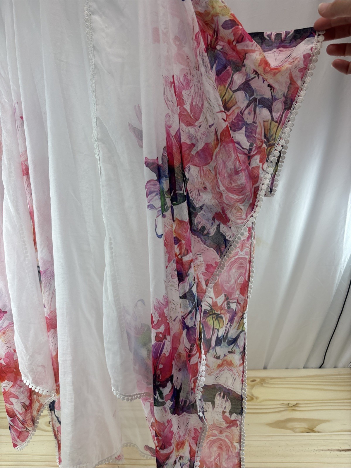 Womens Sheer Floral Kimono Cover Up White Watercolor Open Front Beach Swim OS