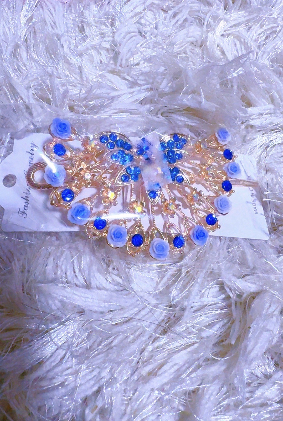 Gold Tone Blue Butterfly Hair Clip Barrette with Rhinestone Accents