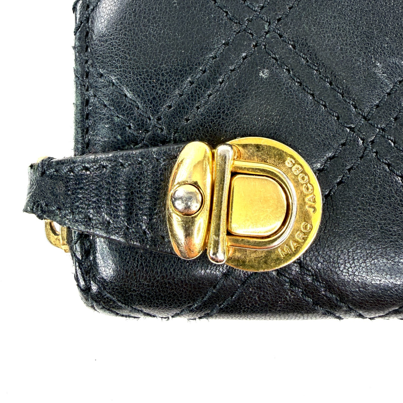 Marc Jacobs Black Quilted Leather Large Zip Around Wallet Clutch Brass Push Lock