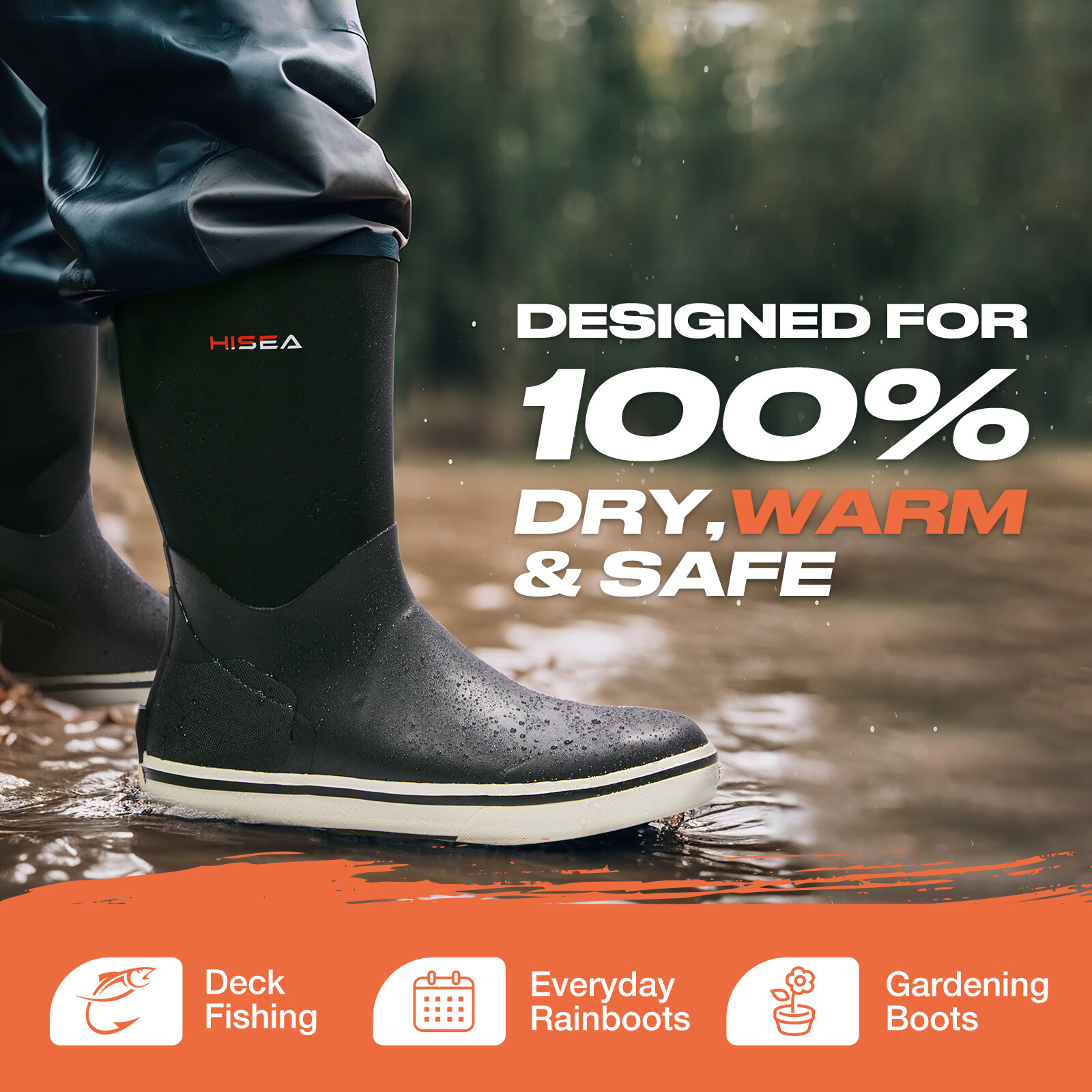 HISEA Men Mid-Calf Fishing Deck Boots Waterproof Non-Slip Gardening Rain Boots