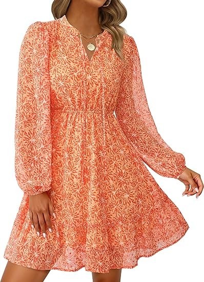 PRETTYGARDEN Women’s Fall Boho Dresses 2026 Floral Long Sleeve V Neck Mini Flowy