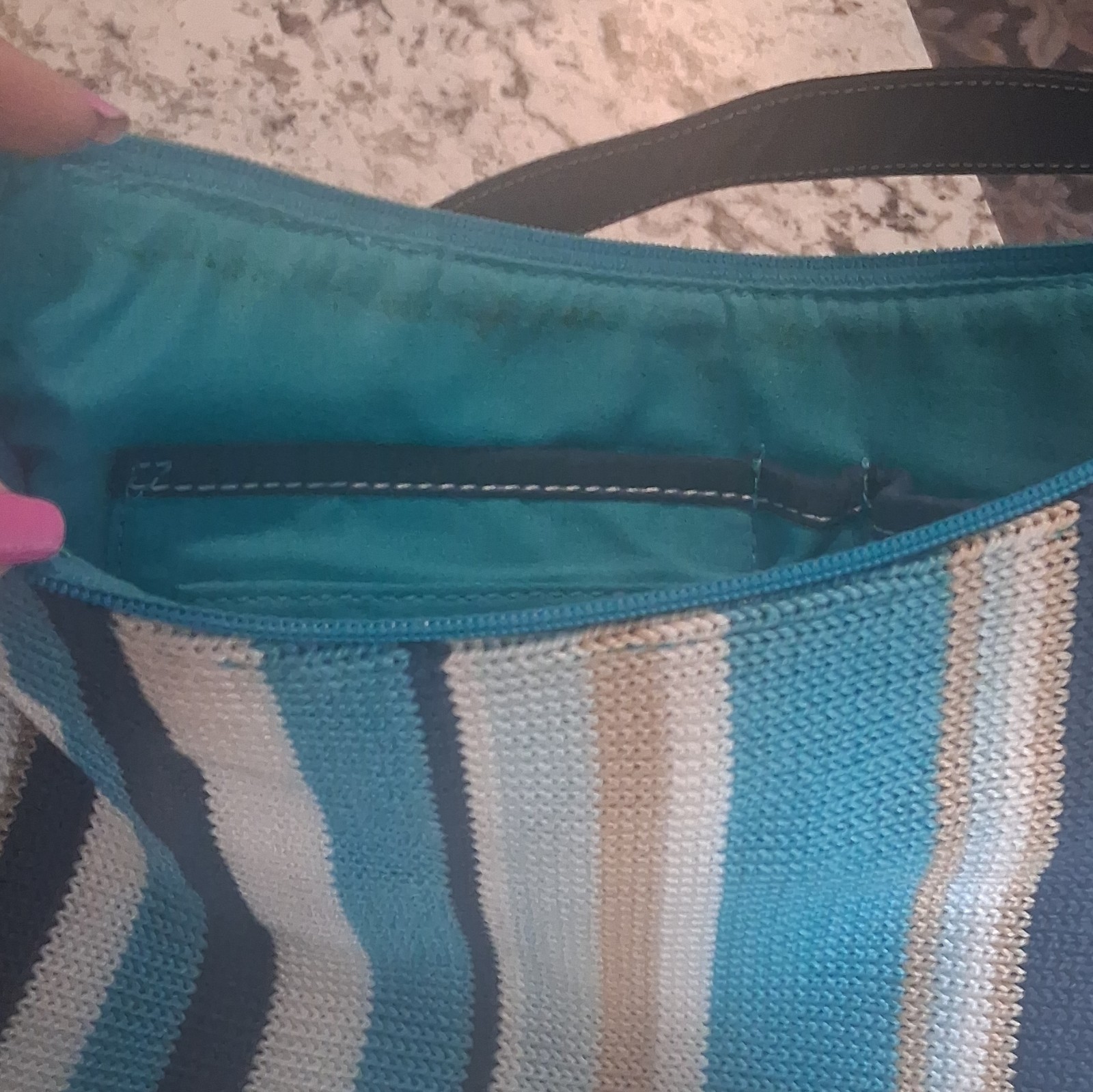 The Sak Striped Shoulder Bag Blue White Beige Black Zip Closure Pockets Lined