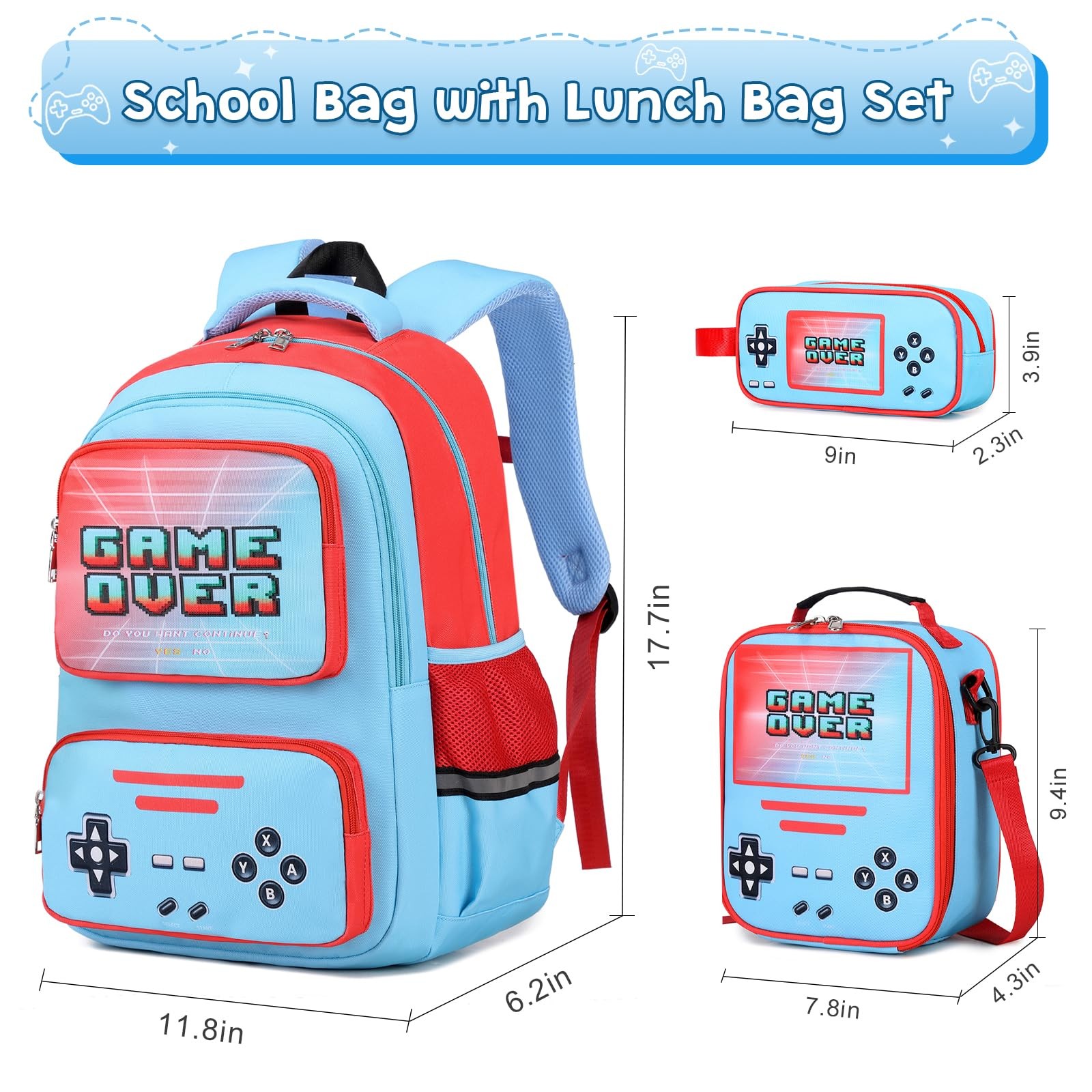 Gamer Backpack for Boys – Cool Luminous School Bag with Lunch Bag Pencil Case…