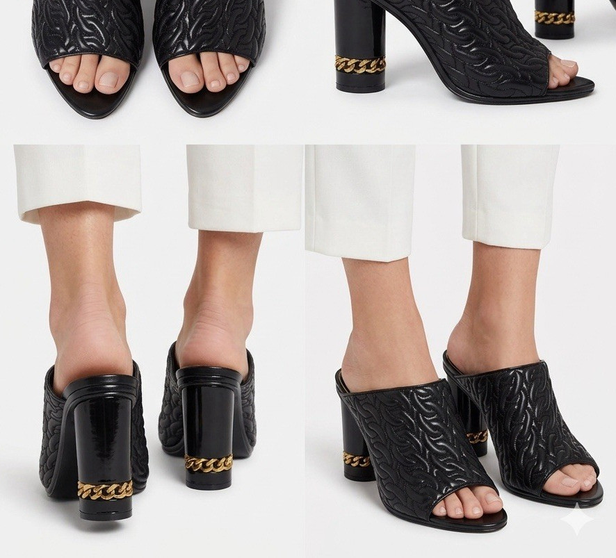 Rebecca Minkoff Black Quilted Leather Chain Open Toe Slip-On Mule Heels 10