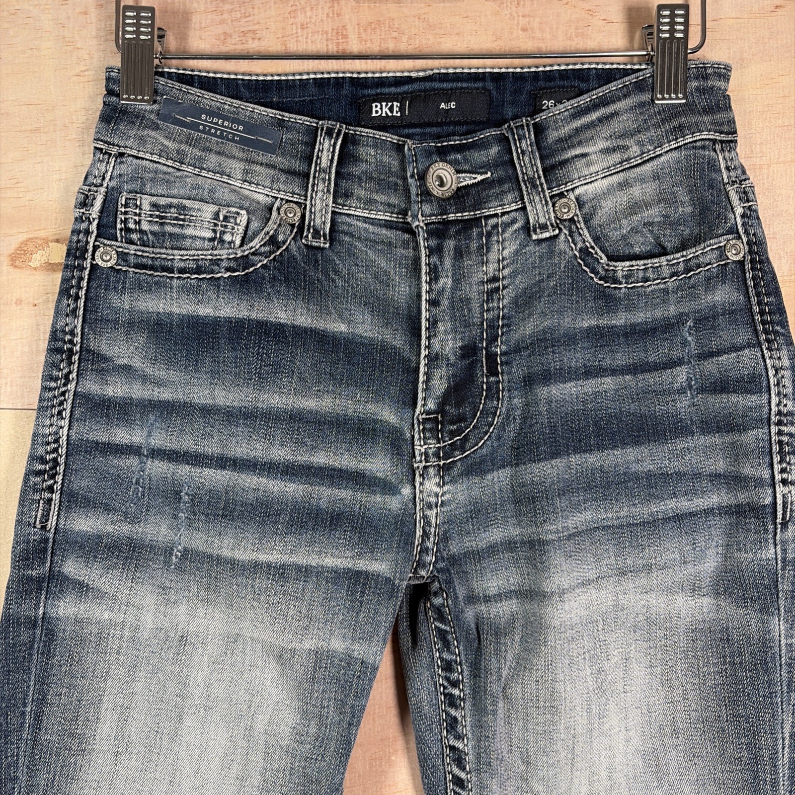 BKE Alec Denim Jeans Mens 26×32 Straight Dark Wash Stretch Thick Stitch Distress