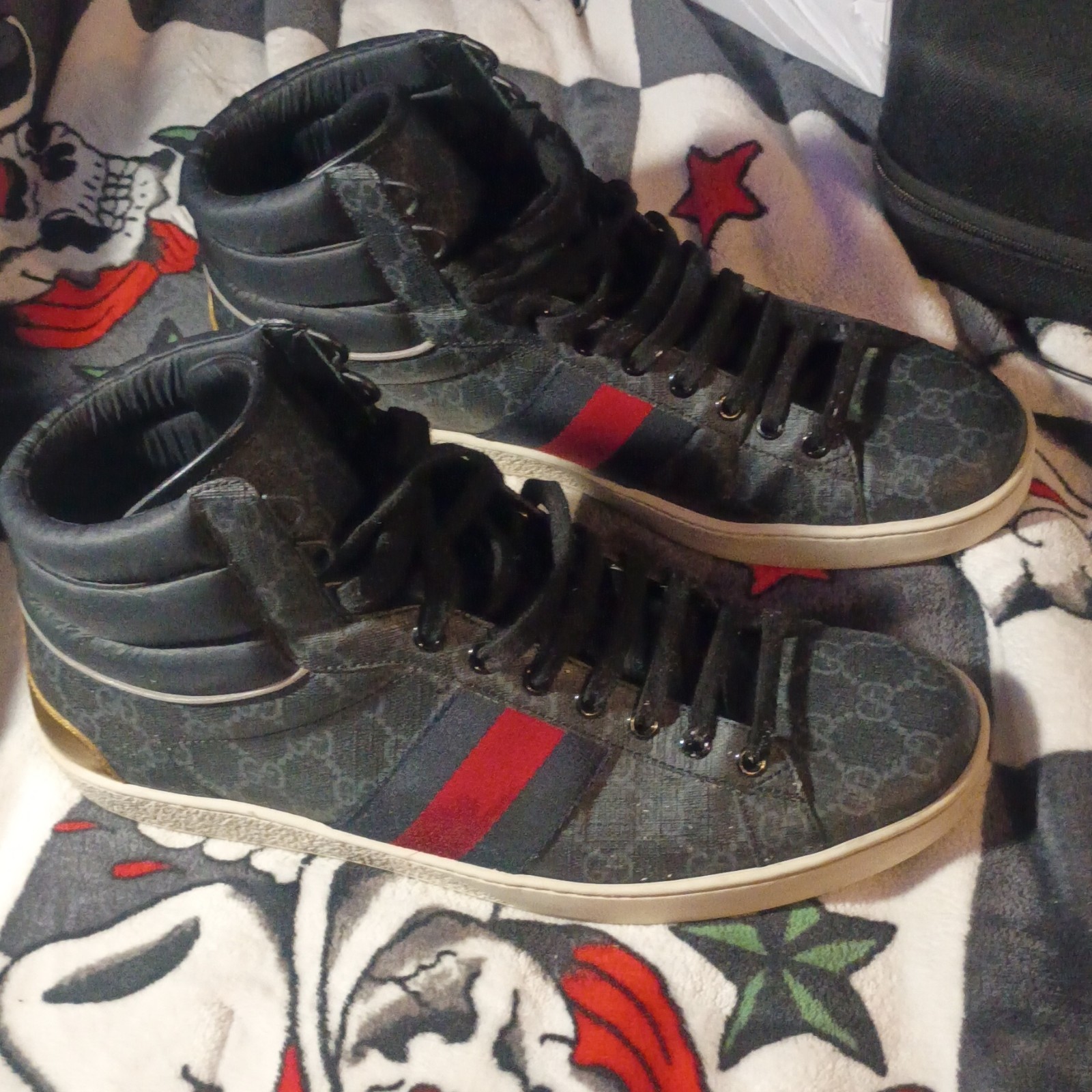 Gucci Signature High Top Sneakers Gray GG Monogram Lace-Up Red/Blue Stripe