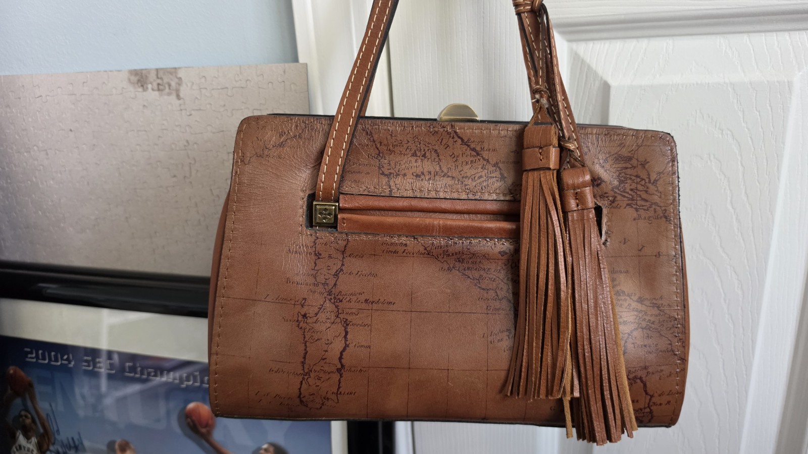 Patricia Nash Brown Map Print Satchel/Top Handle Clasp Gold HW Pockets Charm