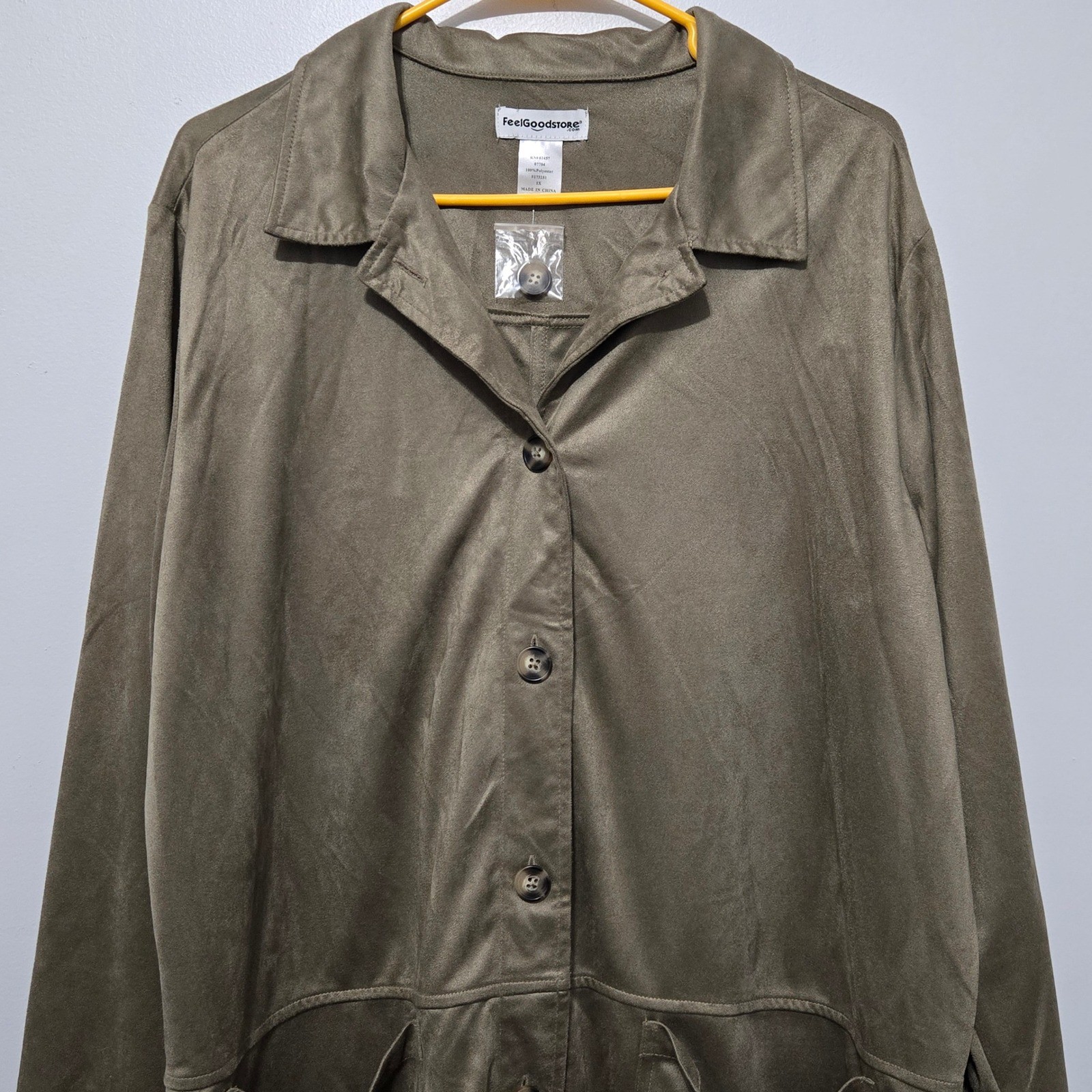 B#88 FeelGoodstore Olive Green Button Front Shirt Jacket 1X Poly Suede Pockets
